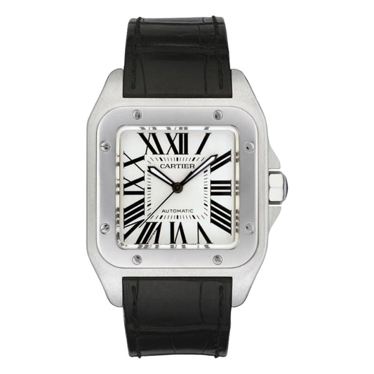 Cartier Santos 100 38mm W20073X8 White Roman Dial, Black Leather Strap, Worn