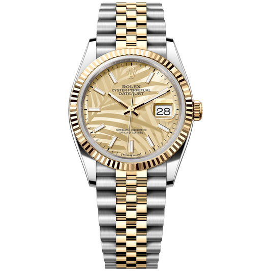 Rolex Datejust 36mm 126233-0037 Golden Palm Motif Index Dial, Yellow Gold, Worn