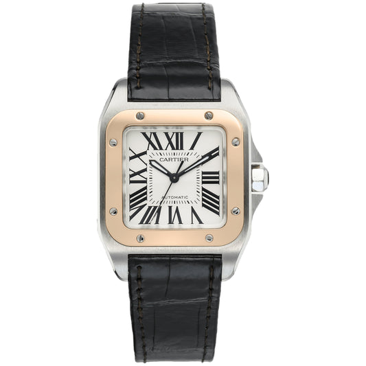 Cartier Santos 100 Medium 44.2 x 35.6mm W20107X7 Rose Gold Bezel, Silver Roman Dial, Black Leather Strap, Worn