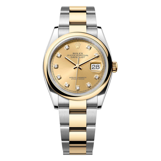 Rolex Datejust 36mm 126203-0018 Champagne Diamond Dial, Smooth Yellow Gold Bezel, Worn