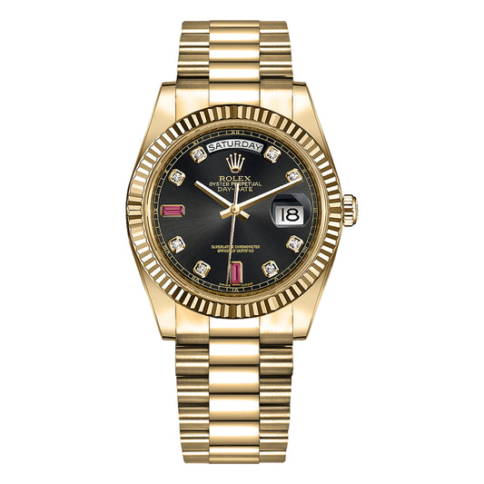 Rolex Day Date 36mm 118238 Yellow Gold, Black Diamond with Two Baquette-shaped Ruby Dial, Worn