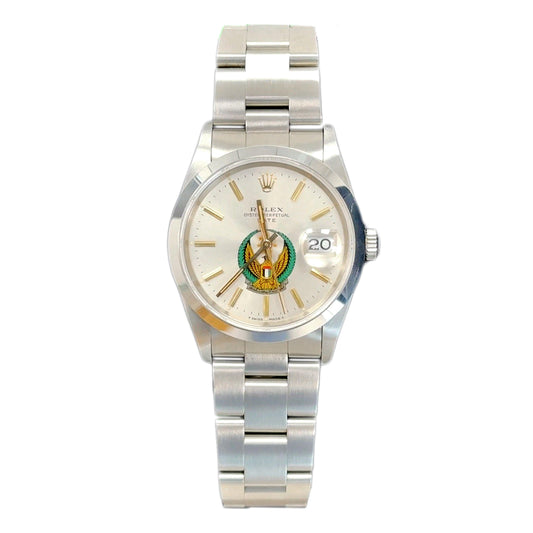 Rolex Oyster Perpetual Date 34mm 15200 Silver Index with UAE Crest Eagle Logo Dial, Unworn 1995