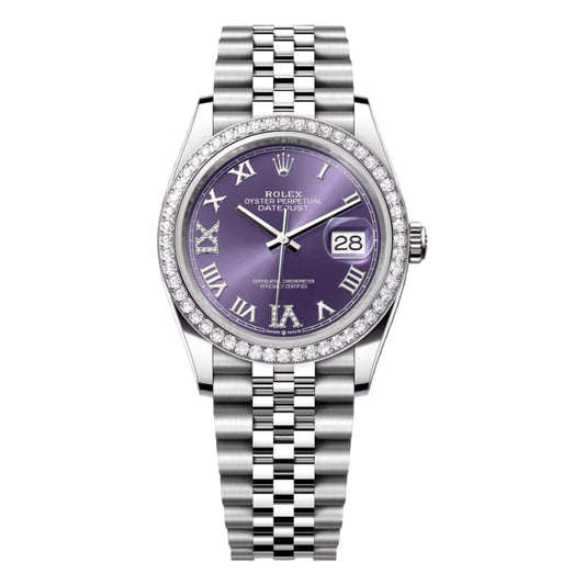 Rolex Datejust 36mm 126284RBR-0013 Aubergine Roman Diamond VI and IX Dial, Worn