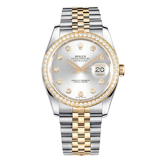 Rolex Datejust 36mm 116243 Yellow Gold Silver Diamond Dial, Diamond Bezel, Worn