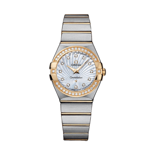 Omega Ladies Constellation Quartz 27mm 123.25.27.60.55.004 White Mother of Pearl MOP Shell Diamond Dial, Worn