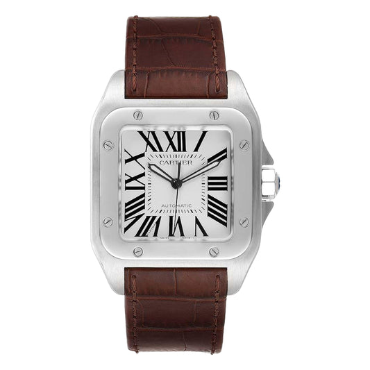 Cartier Santos 100 38mm W20073X8 White Roman Dial, Dark Brown Leather Strap, Worn