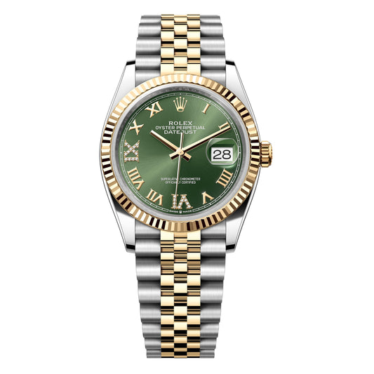 Rolex Datejust 36mm 126233 Yellow Gold, Olive Green Roman Dial, Worn