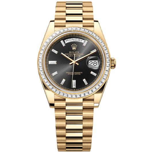 Rolex Day Date 40mm 228398TBR-0001 Yellow Gold, Black Baguette Diamond Dial, Unworn 2021