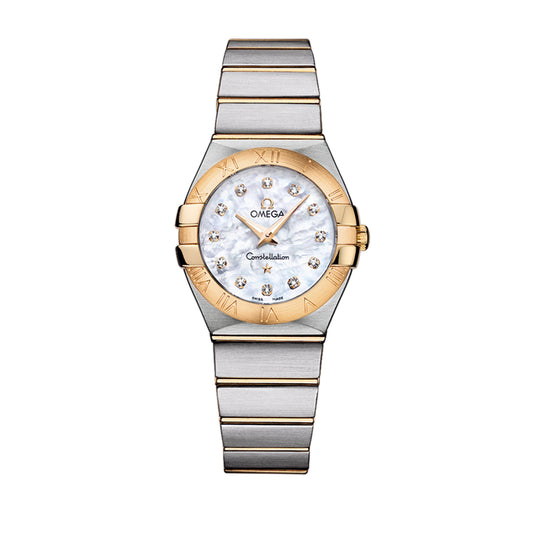 Omega Ladies Constellation Quartz 27mm 123.20.27.60.55.002 Yellow Gold White Mother of Pearl MOP Diamond Dial, Worn