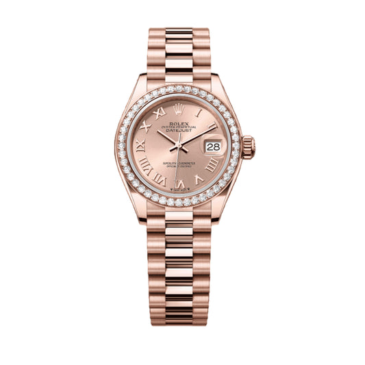 Rolex Lady Datejust 28mm 279135RBR-0027 Full Rose Gold, Diamond Bezel, Rose Roman Dial, President Bracelet, Worn 2022