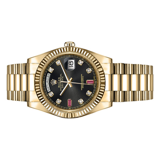 Rolex Day Date 36mm 118238 Yellow Gold, Black Diamond with Two Baquette-shaped Ruby Dial, Worn