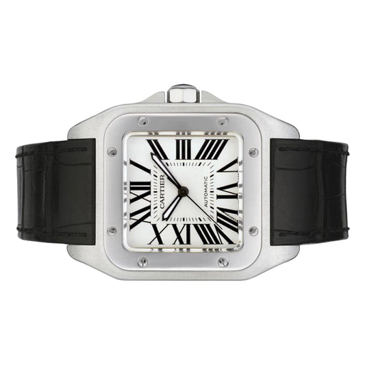 Cartier Santos 100 38mm W20073X8 White Roman Dial, Black Leather Strap, Worn