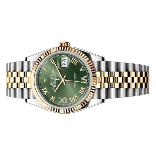 Rolex Datejust 36mm 126233 Yellow Gold, Olive Green Roman Dial, Worn