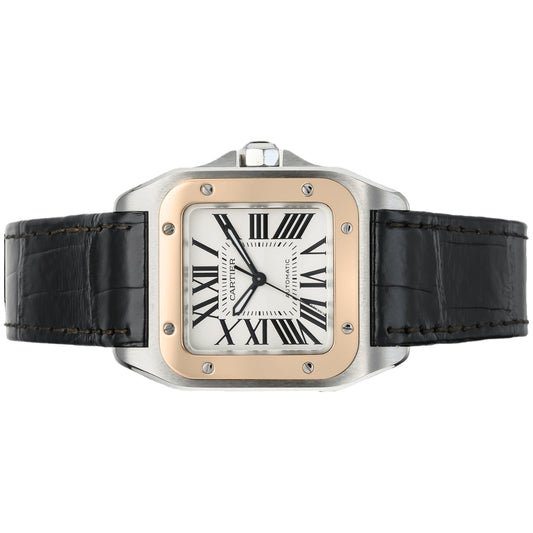 Cartier Santos 100 Medium 44.2 x 35.6mm W20107X7 Rose Gold Bezel, Silver Roman Dial, Black Leather Strap, Worn