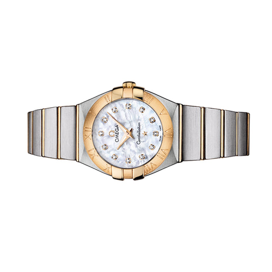 Omega Ladies Constellation Quartz 27mm 123.20.27.60.55.002 Yellow Gold White Mother of Pearl MOP Diamond Dial, Worn