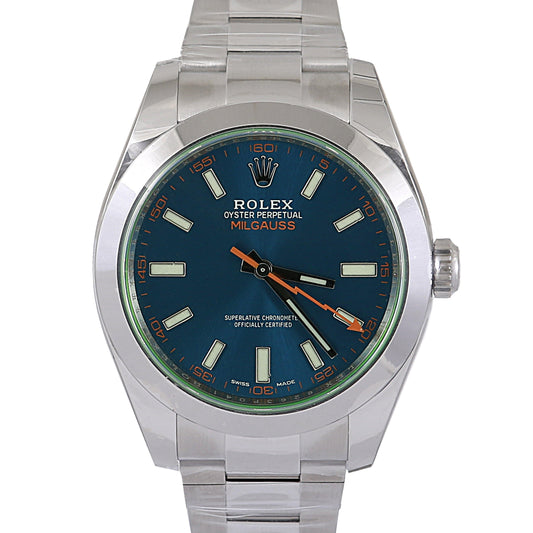 Rolex Steel Milgauss Watch - Blue Dial With Green Crystal 116400GV 2015